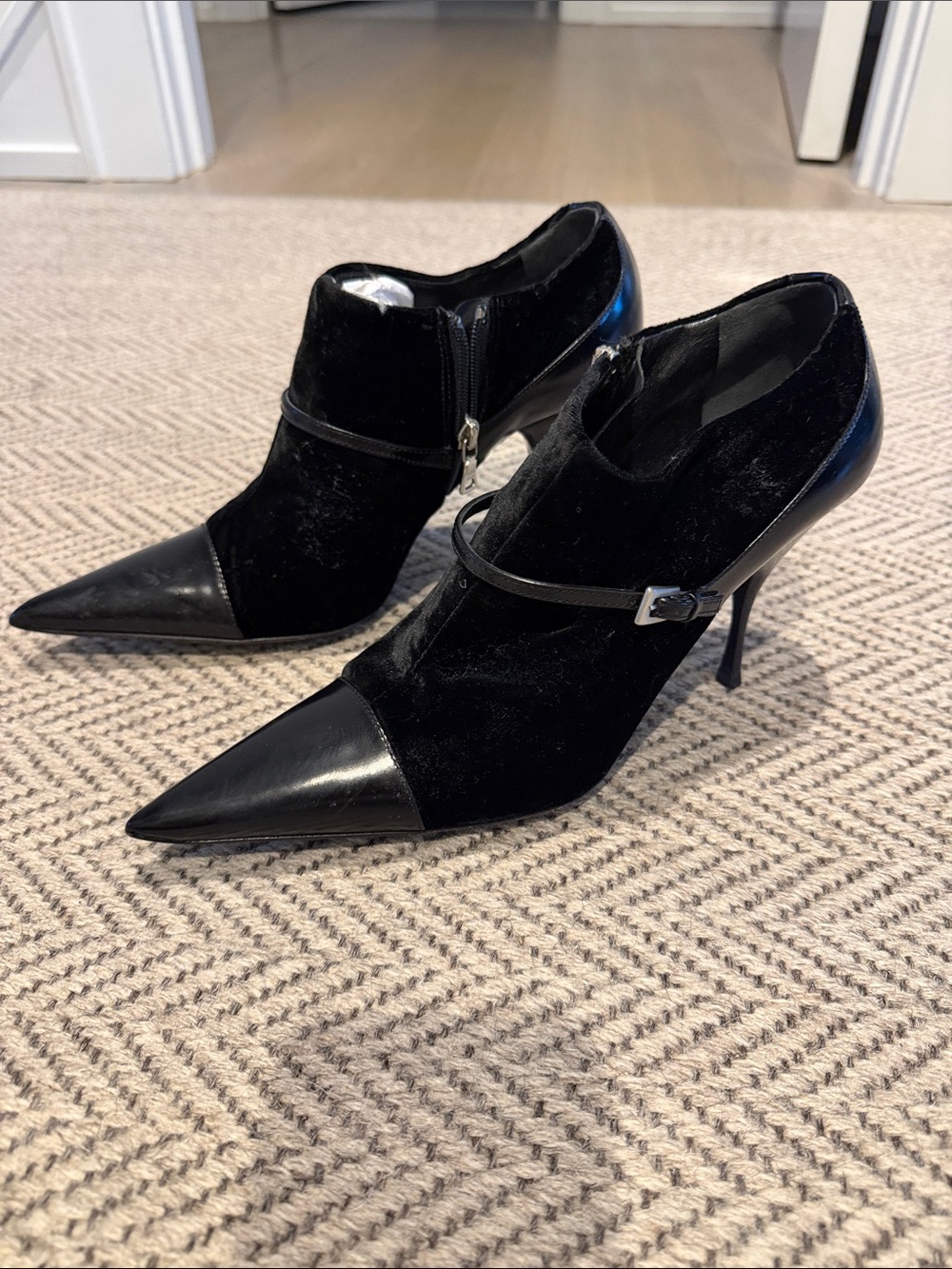 Vintage authentic Prada Black Pointed Toe Velvet & Leather Ankle Heels